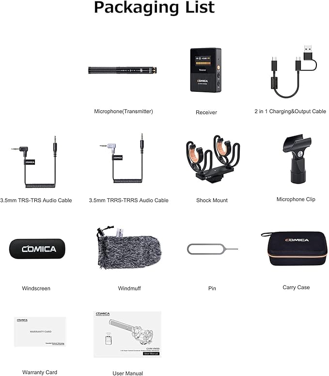 COMICA CVM-VM30 2.4G Super Cardioid Condenser Wireless Shotgun Microphone for Camera, Smartphone, and PC with 75/150Hz, Super-Cardioid Universal Video Microphone for Filmmakers, Vloggers