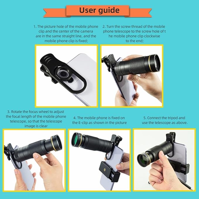 Andoer 36X Telephoto Lens Kit with Mini Tripod, Phone Clip, Holder, Lens Bag, Cleaning Cloth for Hiking, Camping, Wildlife Observation, Moon, Sports, Game, Concert Watching