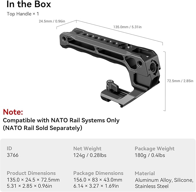 SmallRig Lightweight NATO Top Handle, Quick Release NATO Grip for DSLR Camera Cage, Universal Top Handle with 5 Cold Shoe Adapters (NATO Rail NOT Included) -3766