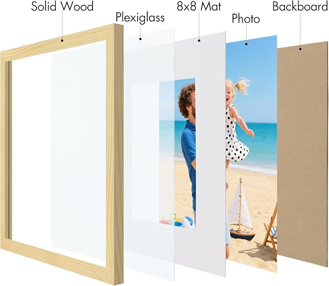 Vittanly 12x12 Picture Frame, Made of Solid Wood and Shatterproof Plexiglass, Display Pictures 8x8 with Mat or 12x12 without Mat, Wooden Photo Frame for Wall Mounting, Natural, 1 Pack