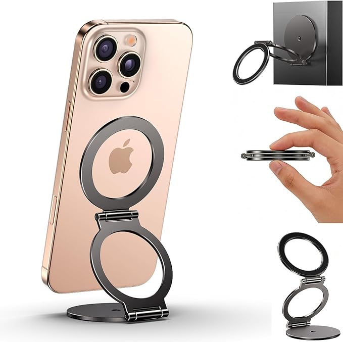 Dual Magnetic Phone Ring Holder for MagSafe, Compatible with 1/4" Screw Tripod Mount, Magnetic Phone Grip Kickstand for iPhone 17/16/15/14/13/12 Pro Max & All Phones