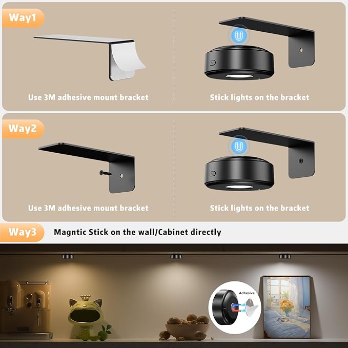 3PCS Picture Lights, Rechargeable Battery Wall Light for Paintings, 3 Colors Paintings Light Dimmable and Timer Metal Art Light for Display, Wall, Artwork, Gallery (Black)