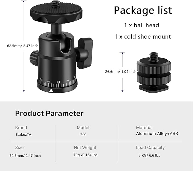 Universal 1/4" Swivel Mini Ball Head Screw Tripod Mount with Hot Shoe Mount, EszkozTA 360° Panoramic Rotating Mount Base Adapter for DSLR Cameras HTC Vive Tripods Monopods Light Stand