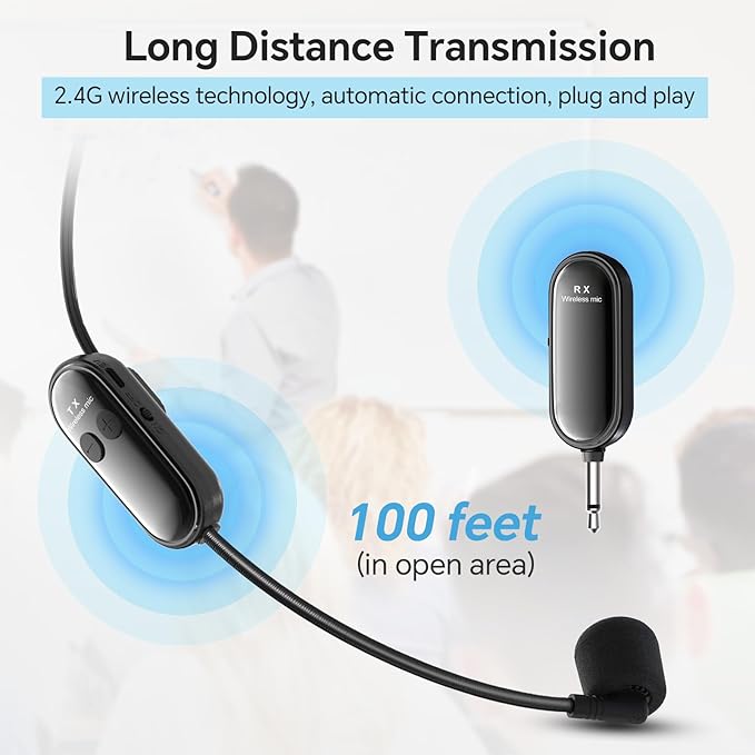 XIAOKOA Wireless Microphone Headset, 2.4G Head Microphones System, USB-C Charging, 100ft Range, Mic for Speakers Voice Amplifier PA System Teaching Fitness Instructor Tour Guide
