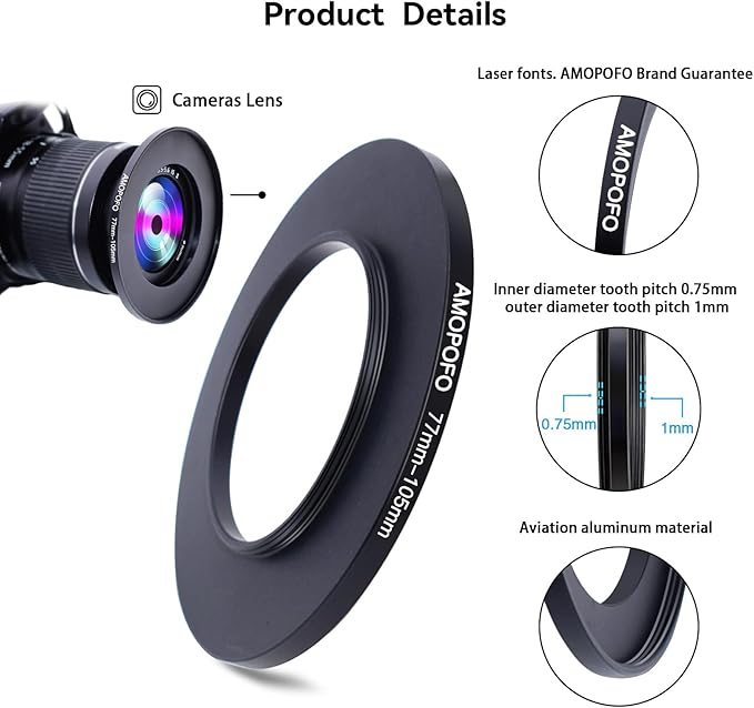 77mm Lens to 105mm Camera Filter Ring,Compatible with All 77mm Camera Lens & 105mm UV,ND,CPL Lens Hood Accessories,Made of CNC Machined Aluminum(77-105mm)