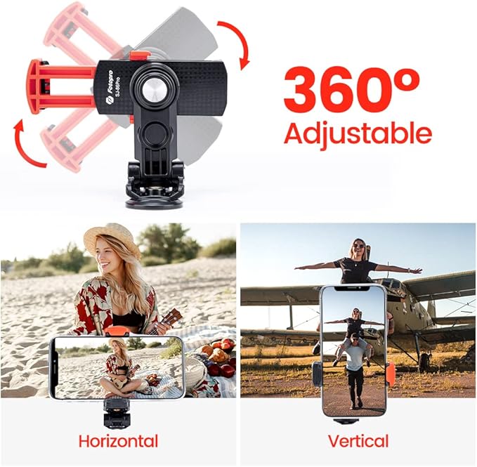 Fotopro Phone Tripod Mount 1/4 inch Screw Universal Desktop Car Mobile Phone Clip for Monopod Selfie Stick Desktop Tripod Video Vlogging Photograph