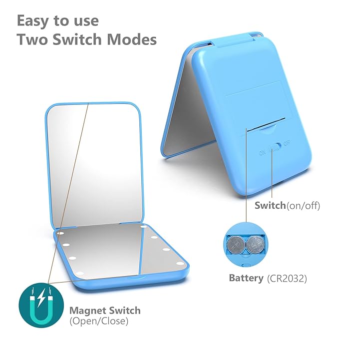 Kintion Pocket Mirror, 1X/3X Magnification LED Compact Travel Makeup Mirror with Light for Purse, 2-Sided, Portable, Folding, Handheld, Small Lighted Mirror for Gift, Blue