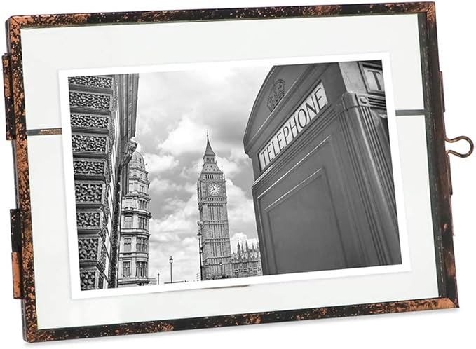Isaac Jacobs 7x5, Antique Bronze, Vintage Style Brass and Glass, Metal Floating Picture Frame (Horizontal) with Locket Closure, for Photos, Art, More, Tabletop Display (7x5 Antique Bronze)