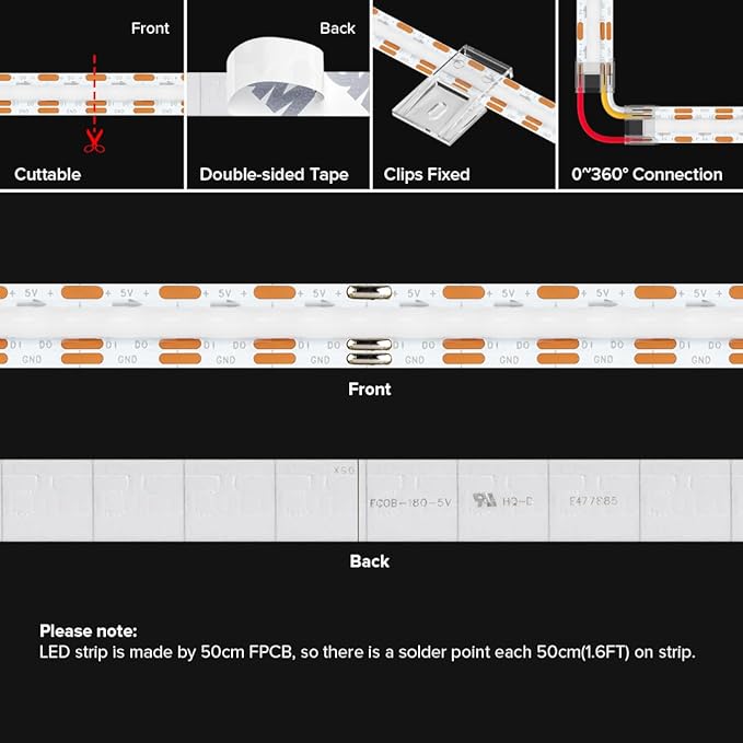 BTF-LIGHTING FCOB COB WS2811(WS2812B) IC RGB 180LED/m 900IC LED Strip DC5V 16.4FT Individual Addressable Flexible High Density Uniform Light Dream Chasing Color 10mm Width(NO Adapter or Controller)