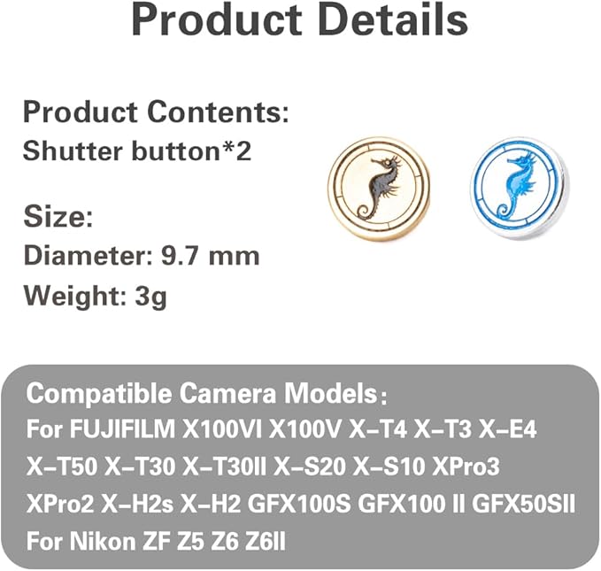 Hippocampus japonicus Soft Release Button - Red - fits Any Standard Threaded Release - Fujifilm X100V, X100F, X100T, Xpro3 & Xpro2, X-T3, X-T2, X-E3, X-E2s, X-E2, X-T30, X-T20 (Silver and Brass)