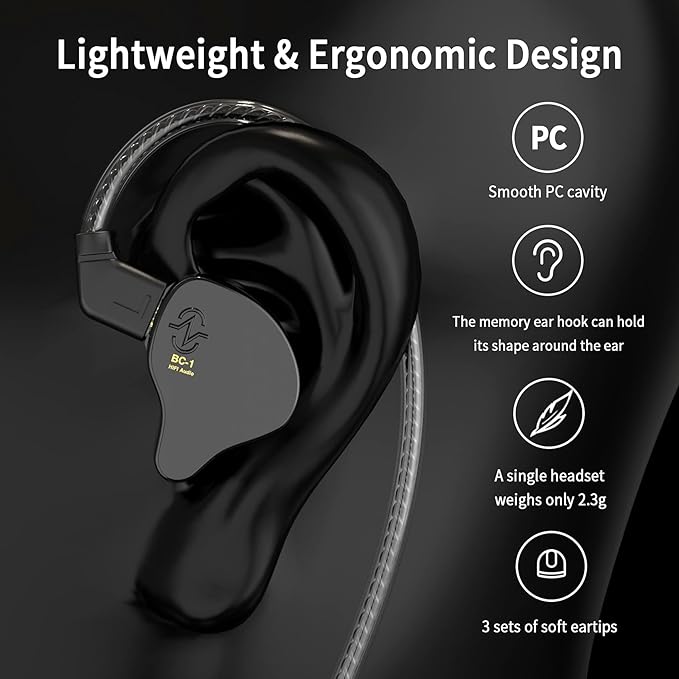 YINYOO CCZ Melody in Ear Monitors Wired Earbuds in Ear Headphones Without Microphone IEM HiFi Bass with 1DD 1BA, Ear fins, 4N OFC Cable for Musicians, Singer, on Stage, Studio (Nomic, Dark Black)