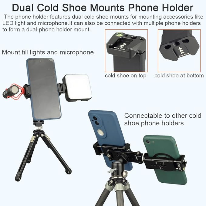 Aluminum Phone Tripod Mount Adapter with Cold Shoe and 1/4” Threaded Holes, 360° Rotation 230° Tilt Camera Phone Holder Mount for iphone Camera Monitoring Gimbals Stabilizers Tripods Phone Holder