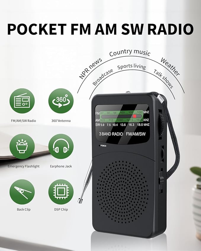 FM AM SW Back Clip Pocket Radio, Battery Operated Mini Radios, Portable Shortwave Transistor Radio with Emergency LED Flashlight & Headphone Jack for Elder/Kids