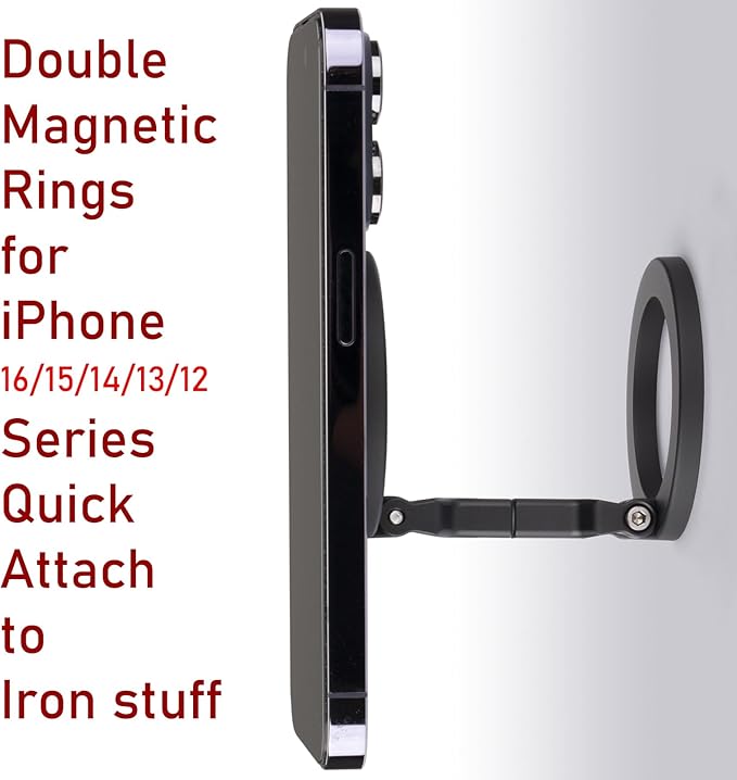 Double Magnetic Ring Phone Holder – Quick Attach to Any Iron Surface | Swivel & Tilt Adjustable | Compatible with iPhone 17/6/15/14/13/12 Series & Magnetic Cases
