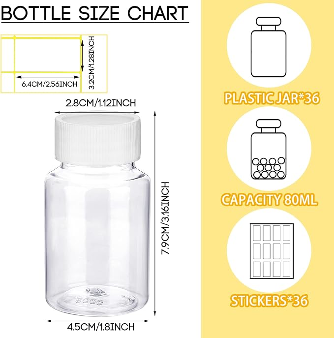 Vesici 18 Pcs 80 ml Clear Pill Bottle Plastic Medicine Empty Reagent Bottle with White Screw Cap Solid Powder Case Refillable Containers with Label Sticker for Liquid Solid Powder Medicine