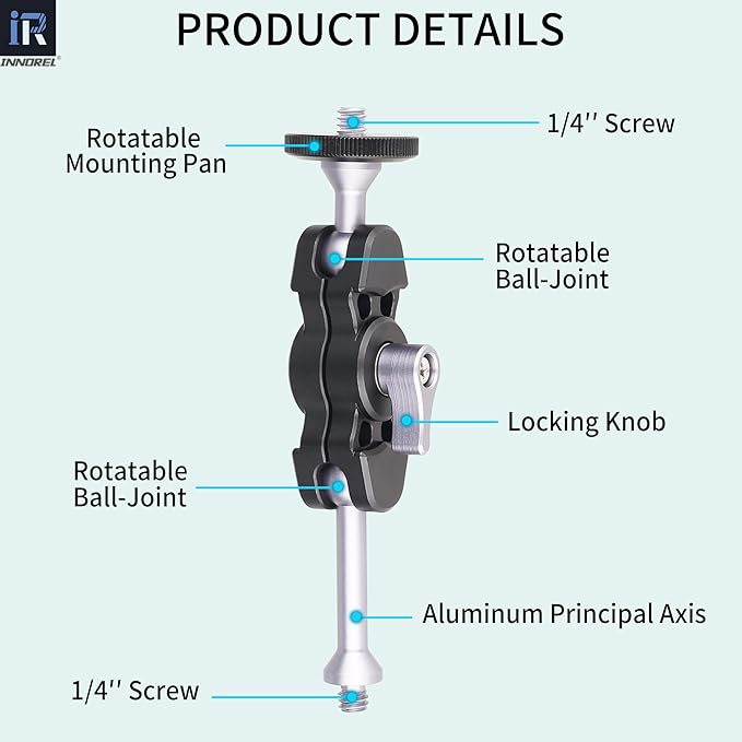 Magic Arm INNOREL M1 Universal Adjustable Aluminum Alloy Magic Arm with Dual Ball Head Articulating 1/4" Screw on Both Ends for Tripod/LED Light/LCD Monitor/Microphone/Phone Clip Load 6.6lb/3kg