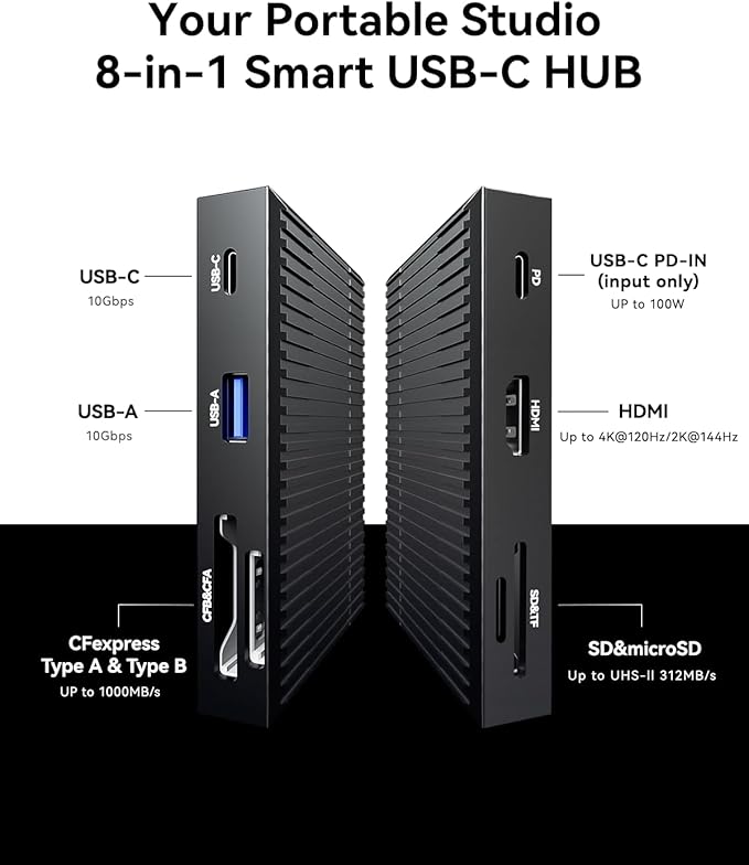 DOCKCASE Smart 8-in-1 CFexpress Type B/Type A Card Reader with Touch Screen | UHS-II SD/microSD Slots, 4K HDMI, USB-C & USB-A 3.2 Gen 2 (10Gbps), 100W PD for Filmmakers, Photographers & Creators