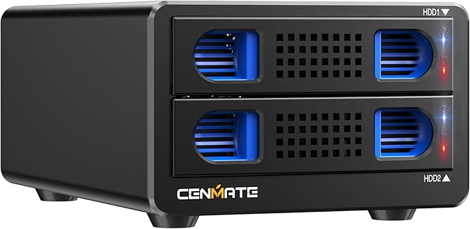 CENMATE Aluminum Dual Bay Hard Drive Enclosure with Cooling Fan for 2.5“/3.5" SATA HDD/SSD with USB A/C 3.0, Support Hot Swappable, Daisy Chain Expansion, Tool-Free HDD Enclosure, DAS(NO RAID/NAS)
