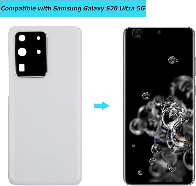 Replacement Battery Door Cover Back Cover Kompatibel for Samsung Galaxy S20 Ultra 5G SM-G988B SM-G988N SM-G988U SM-G988W Cosmic White Akkudeckel with Camera Lens and Waterproof Glue
