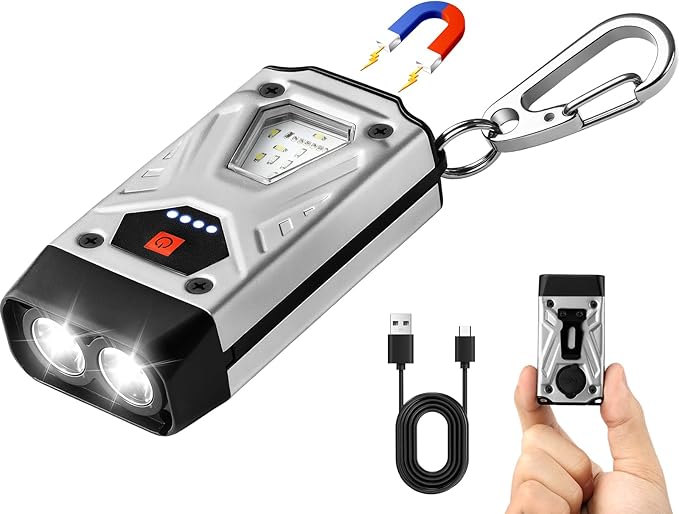Mini Keychain Flashlight, EDC Flashlight Clip-On Light, 7 Modes with LED Side Lights Type-C Rechargeable, Compact Pocket COB Light, for Signaling, Work, Emergency, Outdoor Use