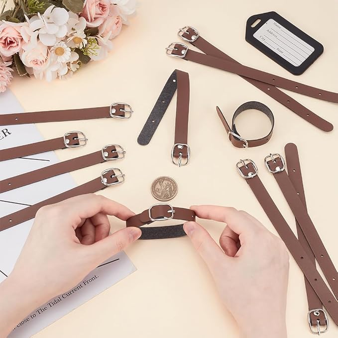 FINGERINSPIRE 12 pcs PU Leather Luggage Tag Straps 7.87" Saddle Brown Leather Luggage Tag Loops with Alloy Buckle Name Strap Tag Holder for Suitcases Briefcase Backpacks Travel Hanging Accessories