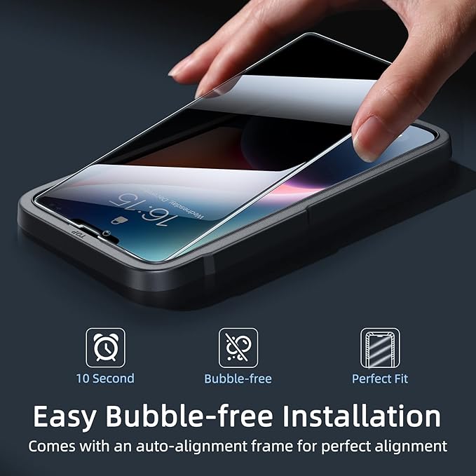 ruwa Privacy Screen Protector for iPhone 13/13 Pro/14/16e [2-Pack][6.1 Inch] Display Tempered Glass Film with Easy Installation Frame, Ultra HD, 9H Hardness, Scratch Resistant, Case Friendly