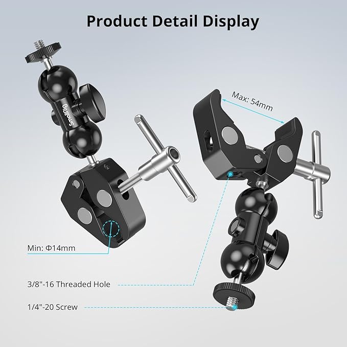 SMALLRIG Super Camera Clamp Mount 2-Pack, Double Ball Head Magic Arm Adapter, Fence/Desk/Tripod Mount for Monitor/Light/Camera, for Insta360, for Gopro, for Osmo Pocket 3, 5321