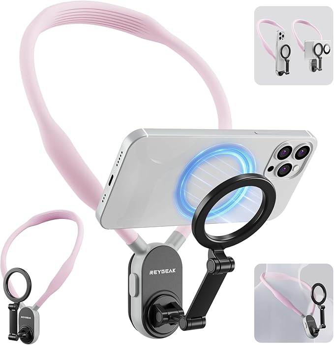 REYGEAK Magnetic POV/Vlog Phone Neck Mount Holder for Magsafe iPhone 16/15/14/13/12 Pro Mini/Plus/Pro/Pro Max, Hand Free Chest Stand Video Recording for Mobile Phone Accessory (Sakura Pink)