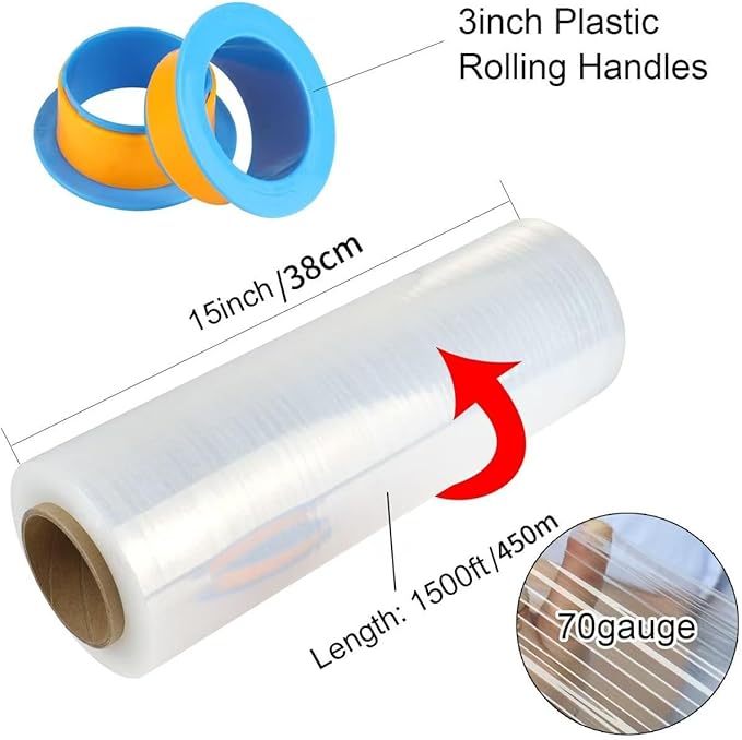 BOMEI PACK 4 Pack 1500ft Industrial Clear Stretch Wrap Film 70 Gauge 15" with 3inch Plastic Rolling Handles for Pallet Wrap, Durable Self-Adhering Packing, Moving, Heavy Duty Shrink Film