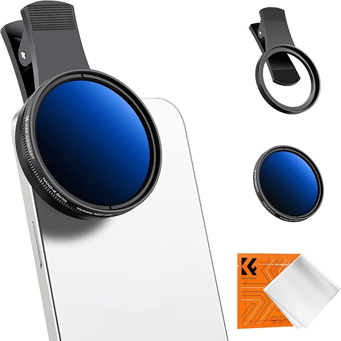 K&F CONCEPT 52mm Clip-on ND2-400 Phone Camera Lens Filter Kit, Adjustable Neutral Density Filter Compatible with iPhone 16 15 14 13 12 11