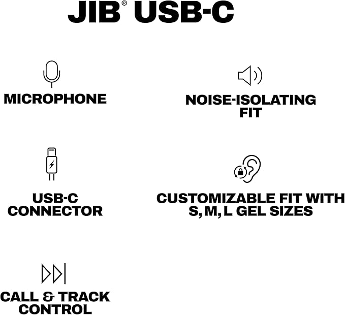 Skullcandy Jib USB-C Wired Earbuds with Noise Isolation, Inline Microphone Call and Track Control for iPhone Android, Ear Gel Sizes Included for Custom Fit - True Black