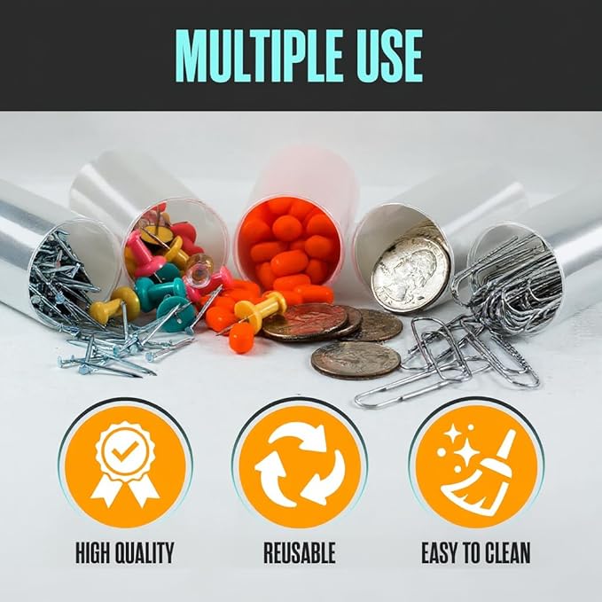 Houseables Film Canisters with Caps, Film Canisters, 35mm Case, Container with Lids, Cannisters for Rockets, Empty Camera Reel Holder, Bottles, Coin Storage, Clear, Plastic, 8oz, 2"x1", 60 Pack, Bulk