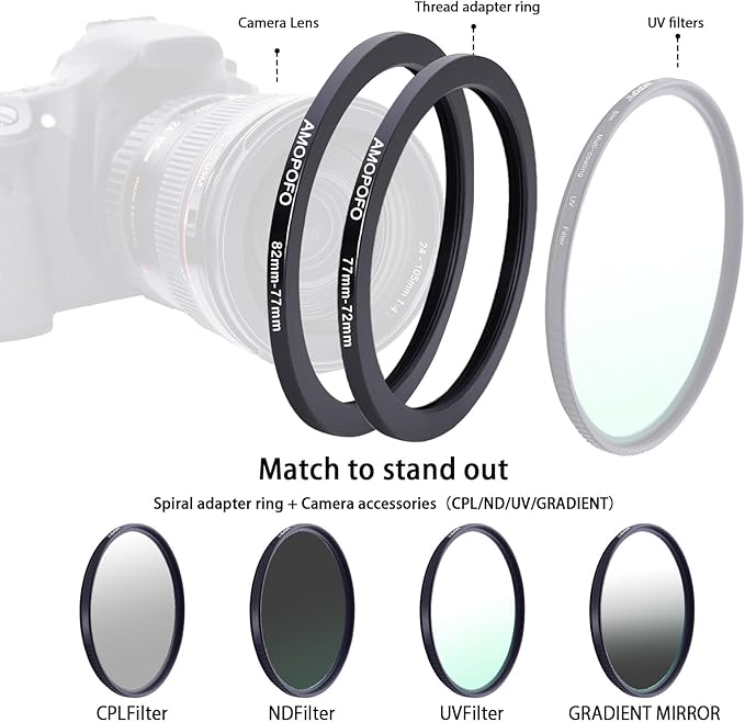 9pcs Step Down Ring Set,Camera Lens Adapter Ring 82-77mm/77-72mm/72-67mm/67-62mm/62-58mm/58-55mm/55-52mm/52-49mm/49-40.5mm.Made of CNC Machined Aluminum