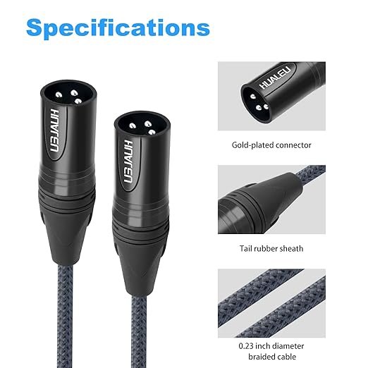 10FT 3Pin XLR Male to Male Audio Cable,Hi-End (OFC) Silver Plated Connector Studio Mixer Amplifier Adapter Cable-2 Pack