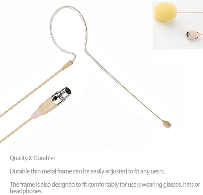 Headset/Headworn Microphone - 4 Pin Mini XLR Head Microphone for Shure Wireless System & Bodypack Transmitter – Beige Single Earhook Omnidirectional Headset Head Mic