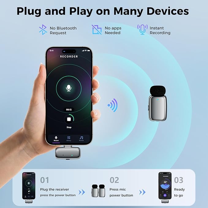 ZealSound Mini Microphone, Wireless Lavalier Mic for iPhone/iPad/Android, USB-C/Lightning, Noise Reduction, 33H Battery with Charging Case for Content Creators, TikTok & YouTube Videos - Chrome Silver