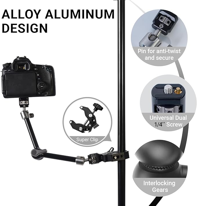 Heavy-Duty Articulating Magic Arm Mount with Super Clamp, 360° Dual Ball Head & 1/4" ARRI Locating Pin&Holes, Camera Monitor Mount for Action Camera Video LED Light (11" Magic Arm w/Clamp)
