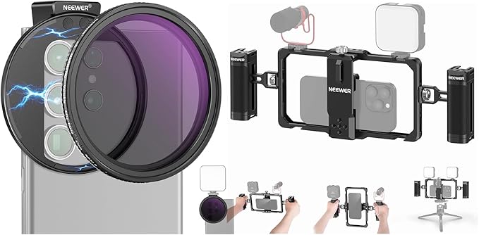 NEEWER 67mm Clip On Variable ND2-ND32 Phone Lens Filter Kit + PA009 Upgraded Phone Rig Vlogging Kit, Clip with Magnetic Adapter Ring/Cold Shoe/Locking Knob, HD Magnetic ND Filter for iPhone Samsung