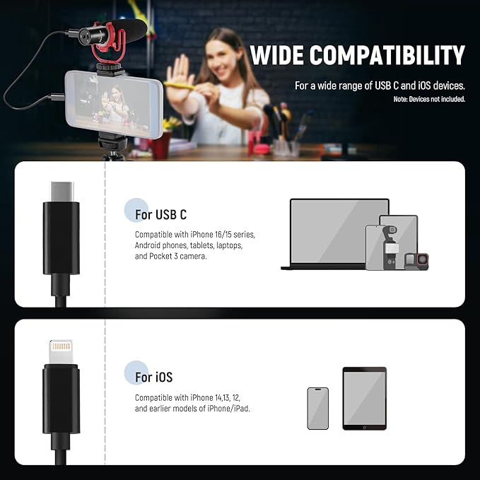 NEEWER 2 Pack OTG Adapter Cable Set, USB C Female to Type C Male + USB C Female to iOS Male, Compatible with iPhone iPad Android KM17 KM15 KM18 KM23 Wireless Microphone, 18"/45cm, LM7