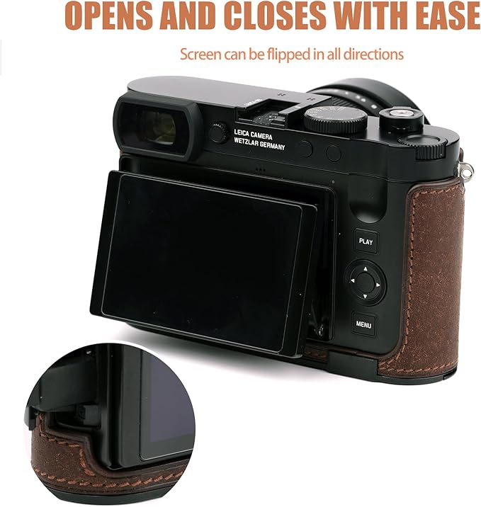 Handmade Genuine Leather Camera Half Case for Leica Q3/Leica Q3 Camera Case- Top Layer Cowhide Body + Metal Base Plate + Hand Shank Design (Dark Brown)