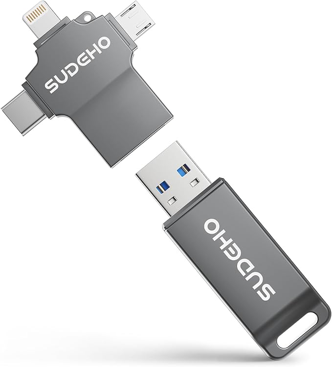 MFi Certified Photo Stick 128GB USB Flash Drive for iPhone, 4 in 1 External Memory Thumb Drive for Picture Video Data Backup, High Speed Memory Stick USB Drive for iPhone/iPad/Android/PC (Gun Black)