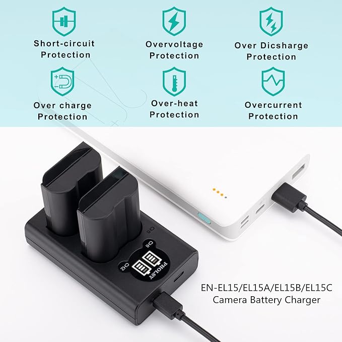 EN-EL15 Battery Charger, PHOLSY Dual USB Charger EN-EL15 Camera Battery Charger MH-25 MH-25a for EN-EL15c EN-EL15b EN-EL15a Battery Compatible with Nikon Z5 Z6 Z7 D850 D780 D750 D610 D7500 D810 D7000