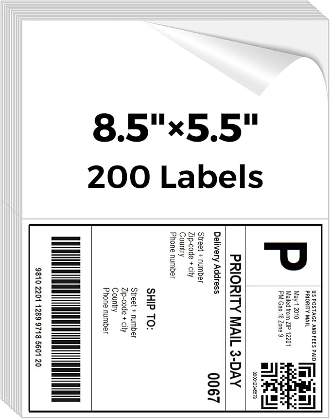 Mailing Labels for Laser/Inkjet Printer, Address Labels Stickers - 100 Sheets 8.5” x 5.5” Half Sheet Printable Sticker Paper, 200 Address Label for Packages (2 Shipping Label/Sheet)