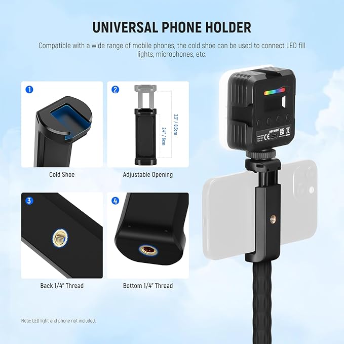 NEEWER GP-26 Action Camera Adapter Mount Kit with Super Clamp, Soft Tube, Phone Holder, Cleaning Cloth, Compatible with GoPro Insta360 DJI iPhone Android for Video Recording