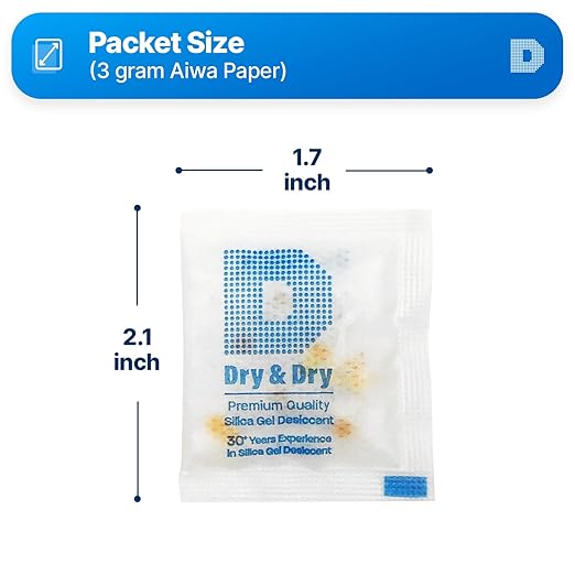 Dry & Dry 3 Gram [50 Packets] Orange Indicating Silica Gel Packets Desiccants - Food Safe Silica Packs, Silica Gel, Silica Packets, Desiccant Packs for Food Storage