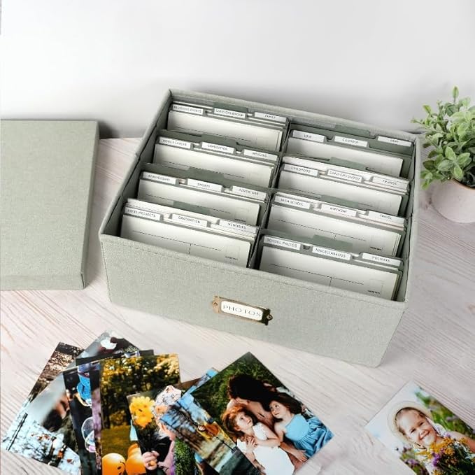 kroucoco Linen Photo Storage Box,Decorative Photo Organizer with Dividers Can Hold 1700 Photos(4x6) and Pictures,Photo Storage Containers with Lid for Cards,Stickers,Scrapbooks,Stamps,Keepsake