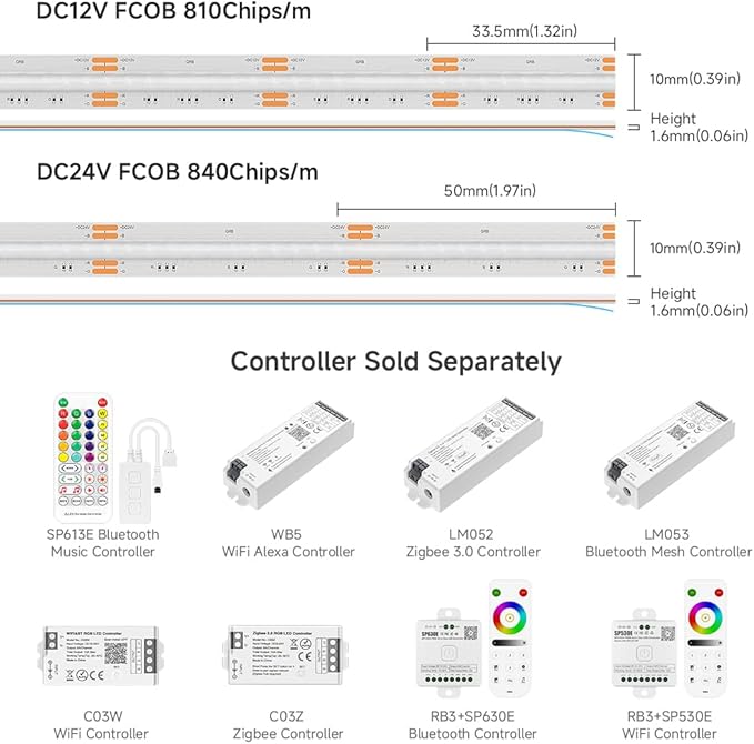 BTF-LIGHTING FCOB IP66 RGB COB LED Strip 16.4FTx2 Total 32.8FT DC12V 810LED/m Color Changing Flexible High Density Uniform Light 10mm Width forHome Indoor Decor(No Adapter or Controller)