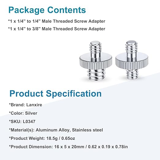 1/4" & 3/8 Male to 1/4" Male Threaded Tripod Screw Adapter, Double Head Stud Mounting Thread Converter for Camera, Monitor, LED Light, Microphone, Shoulder Rig - 2 Packs