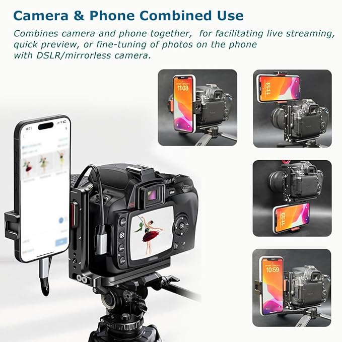 Camera L Bracket with Phone Mount Adapter,L Plate with NATO Handle Rail Phone Rail 38mm Arca Style for Nikon Canon Sony Camera Live/Vlog Accessories