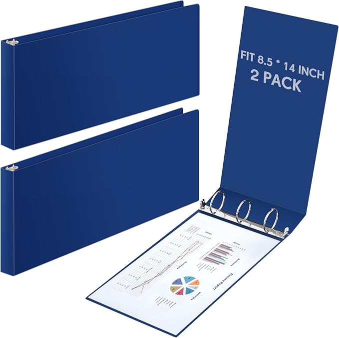 Humyoun 2 Pcs 8.5'' x 14'' Landscape 3 Ring Legal Size Binders 2 Inch Round Ring Binders Heavy Duty Economy Holds 8.5 '' x 14'' Paper for Artwork Blueprints, Office, Home, Work Places (Blue)